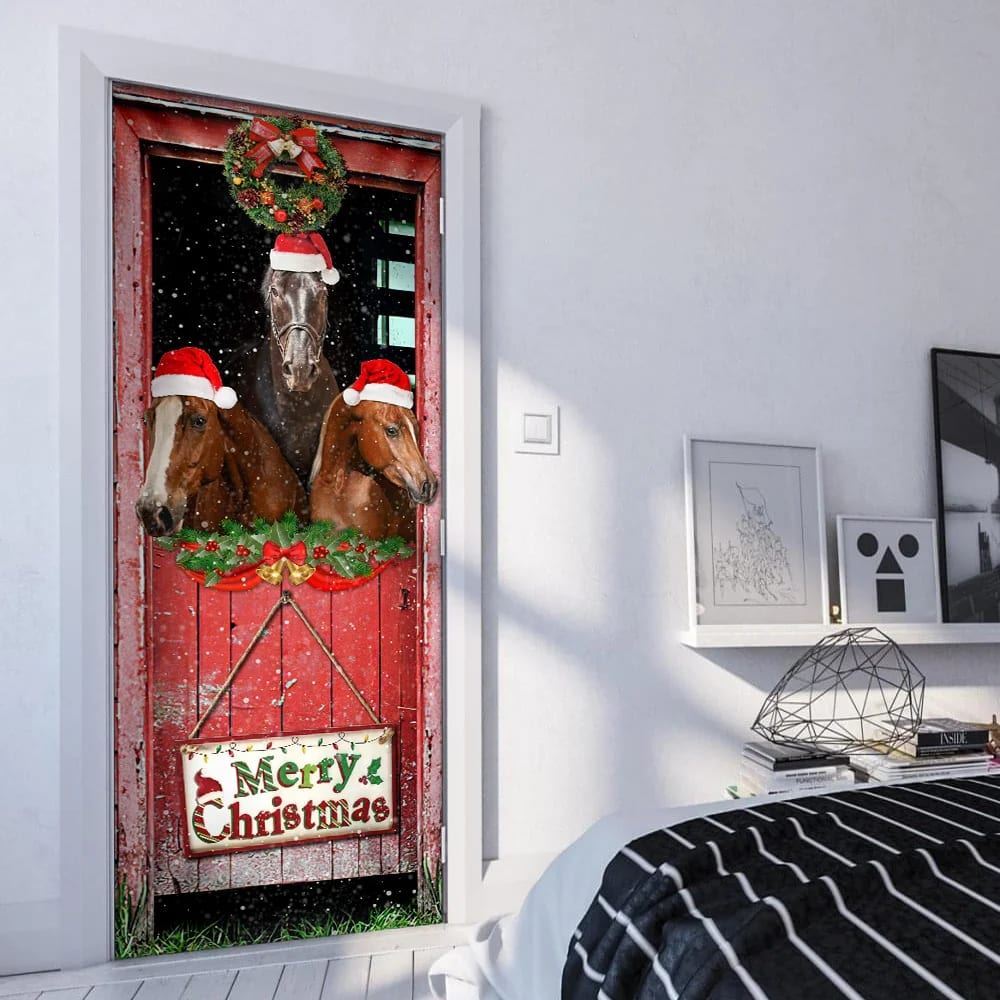 Three Horses In The Barn Door Cover,Holiday Decor, Christmas Door Knob Covers, Christmas Outdoor Decoration