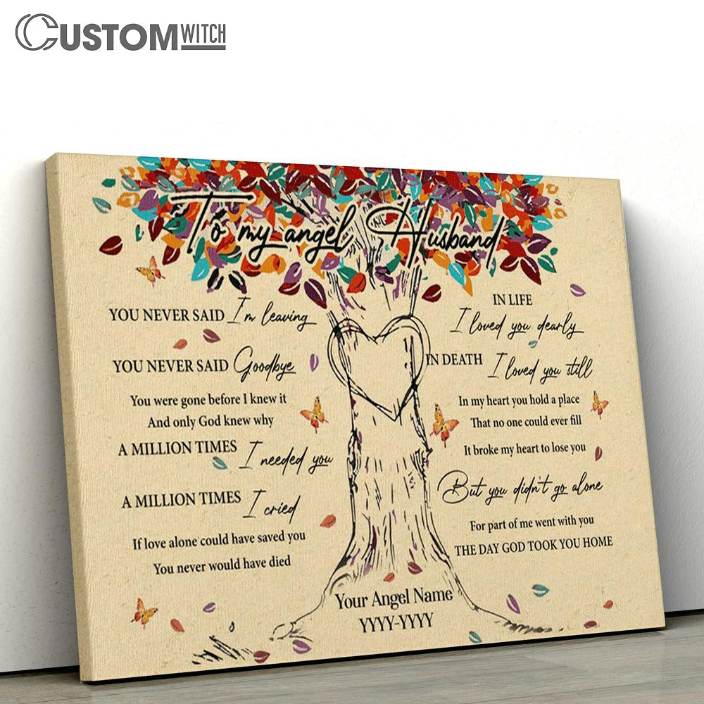 To My Angel Husband Colorful Tree Heart Butterfly Leaf Personalization Large Canvas - Christian Canvas Prints - Religious Canvas Art