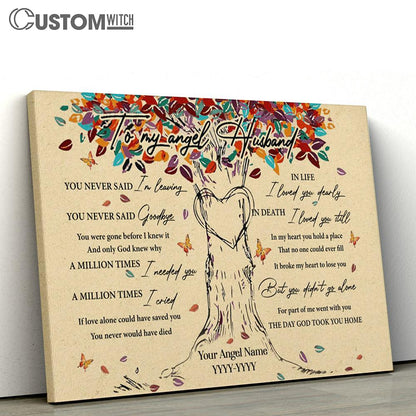 To My Angel Husband Colorful Tree Heart Butterfly Leaf Personalization Large Canvas - Christian Canvas Prints - Religious Canvas Art