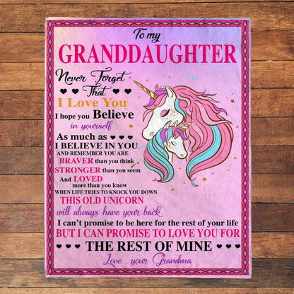 To My Granddaughter Never Forget That I Love Believe In You Braver Stronger Gift From Grandma Unicorn Blanket, Mother's Day Blanket, Gift For Her