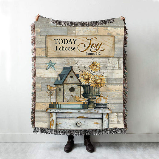 Today I Choose Joy Birdhouse Sunflower Vase Woven Throw Blanket - Bible Verse Woven Blanket Art - Inspirational Art - Christian Home Decor