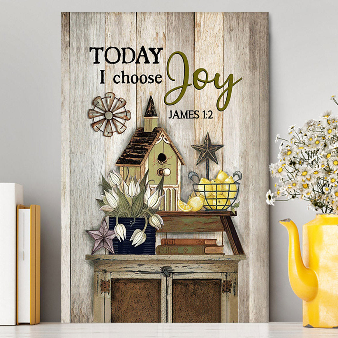 Today I Choose Joy Birdhouse Yellow Lemon Canvas Wall Art - Bible Verse Canvas Art - Inspirational Art - Christian Home Decor
