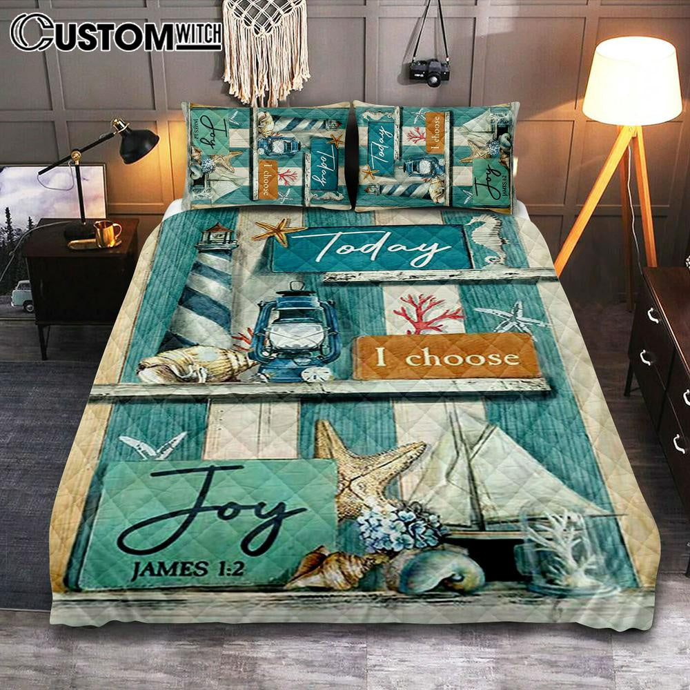 Today I Choose Joy Blue Background Quilt Bedding Set Bedroom - Christian Quilt Bedding Set Prints - Bible Verse Quilt Bedding Set Art