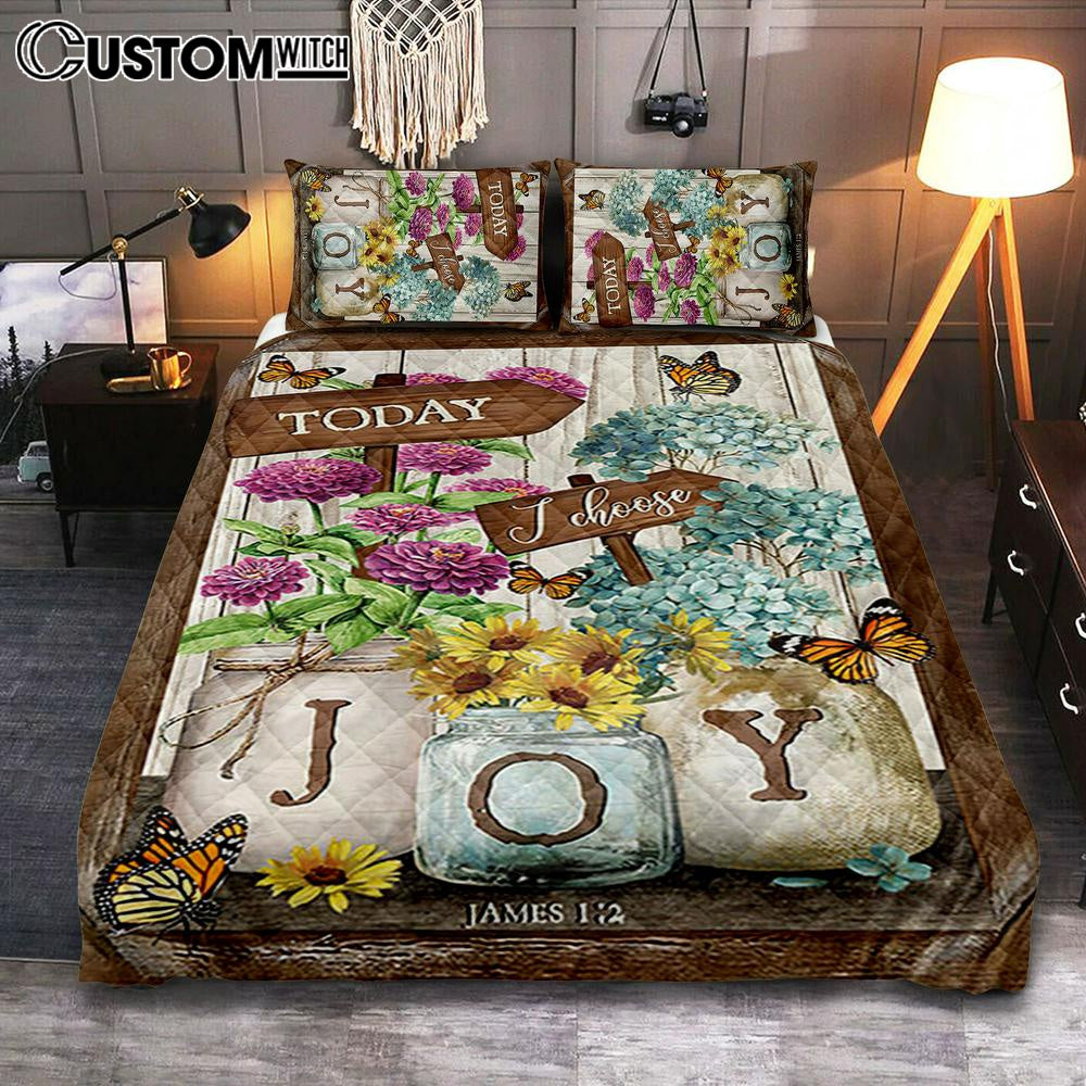 Today I Choose Joy Blue Hydrangea Butterfly Quilt Bedding Set Bedroom - Bible Verse Quilt Bedding Set Art - Christian Home Decor