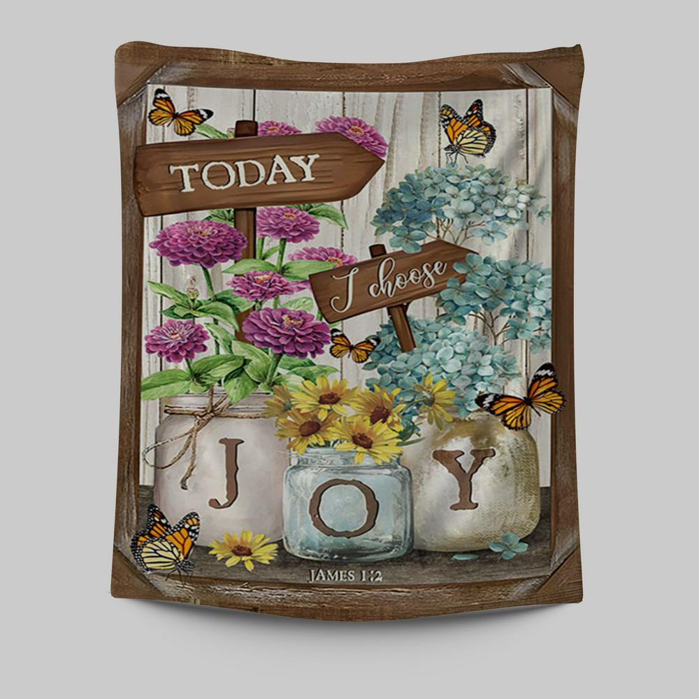 Today I Choose Joy Blue Hydrangea Butterfly Tapestry Wall Art - Bible Verse Tapestry Art - Inspirational Art -  Christian Indoor Wall Tapestries