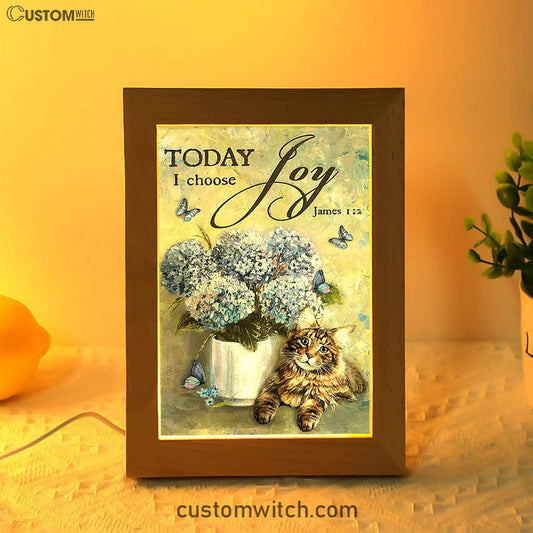 Today I Choose Joy Blue Hydrangea Pretty Cat Butterfly Frame Lamp Art - Bible Verse Wooden Lamp - Inspirational Art - Christian Home Decor