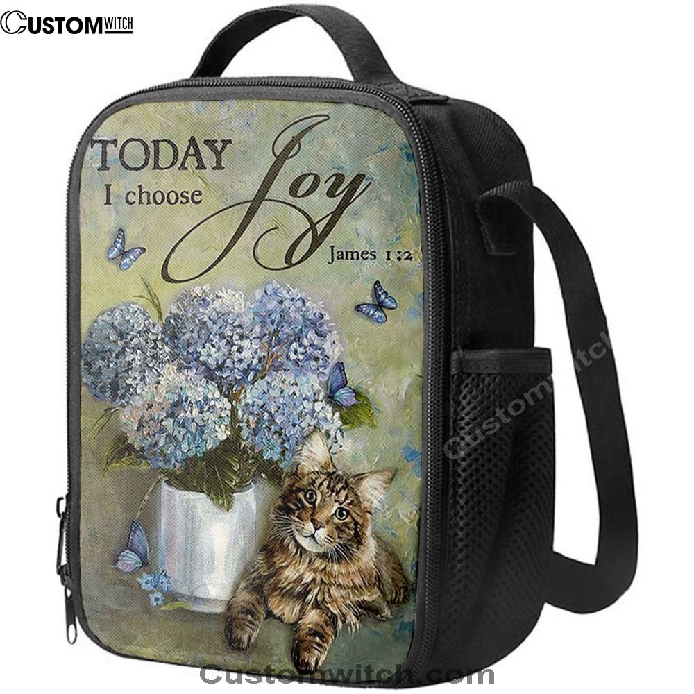 Today I Choose Joy Blue Hydrangea Pretty Cat Butterfly Lunch Bag For Men And Women, Spiritual Christian Lunch Box For School, Work