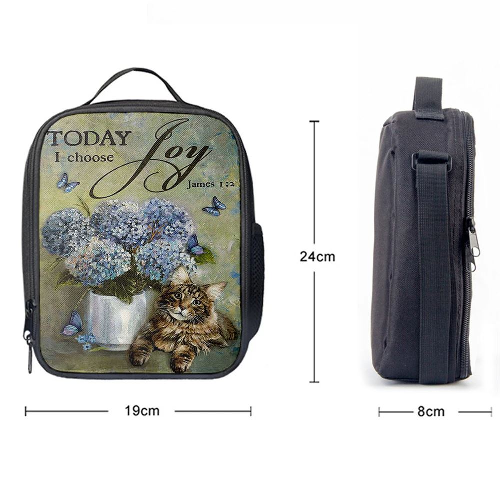 Today I Choose Joy Blue Hydrangea Pretty Cat Butterfly Lunch Bag For Men And Women, Spiritual Christian Lunch Box For School, Work