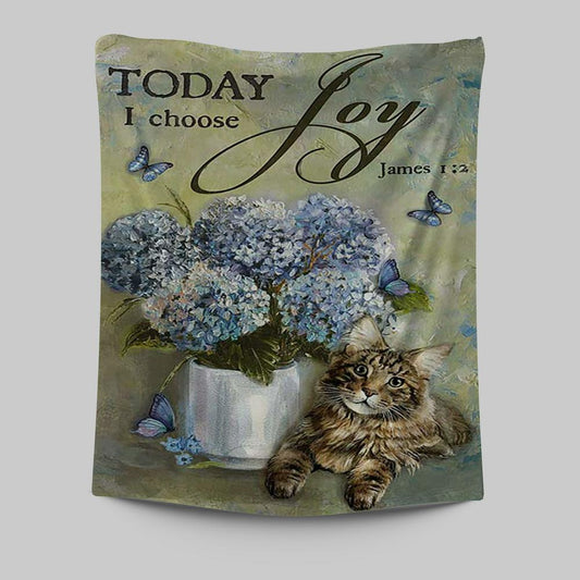 Today I Choose Joy Blue Hydrangea Pretty Cat Butterfly Tapestry Wall Art - Bible Verse Tapestry Art - Inspirational Art -  Christian Indoor Wall Tapestries