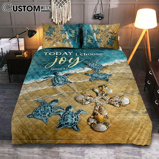 Today I Choose Joy Blue Turtle Cross Quilt Bedding Set Bedroom - Bible Verse Quilt Bedding Set Art - Christian Home Decor