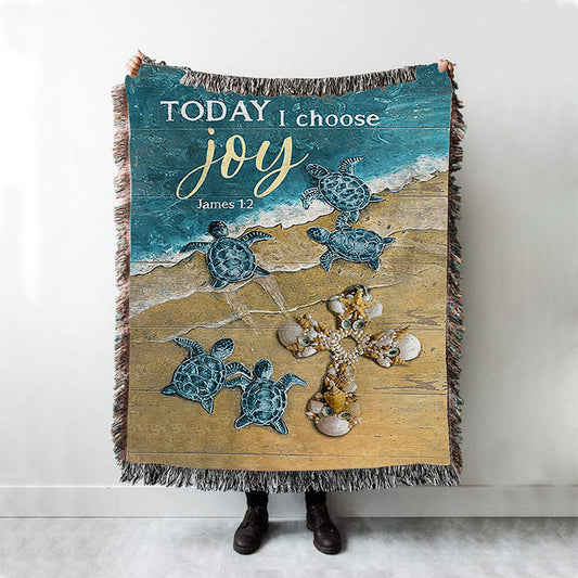 Today I Choose Joy Blue Turtle Cross Woven Throw Blanket - Bible Verse Woven Blanket Art - Inspirational Art - Christian Home Decor
