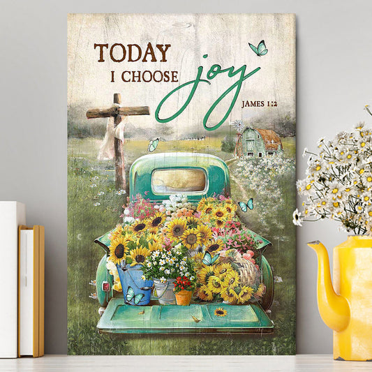 Today I Choose Joy Canvas - Sunflower Car Flower Field Wooden Cross Canvas Art - Christian Art - Bible Verse Wall Art - Religious Home Decor