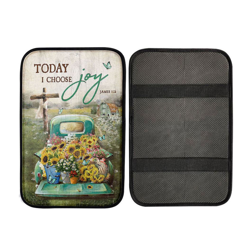 Today I Choose Joy Car Armrest Pad - Sunflower Car Flower Field Wooden Cross Car Center Console Cover Interior Accessories