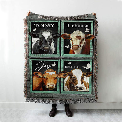 Today I Choose Joy Cow Mint Window Butterfly Woven Throw Blanket - Bible Verse Woven Blanket Art - Inspirational Art - Christian Home Decor