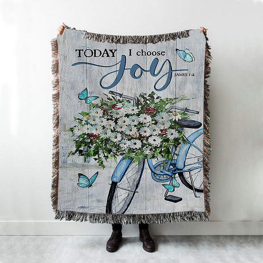 Today I Choose Joy Daisy Flower Blue Bicycle Butterfly Woven Blanket Print - Inspirational Woven Blanket Art - Christian Throw Blanket Home Decor