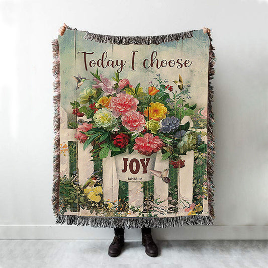 Today I Choose Joy Flower Pot Hummingbird Woven Blanket Print - Inspirational Woven Blanket Art - Christian Throw Blanket Home Decor