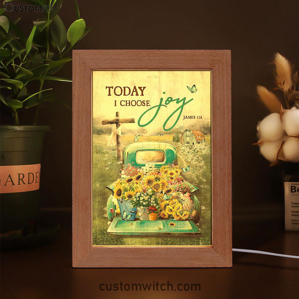 Today I Choose Joy Frame Lamp - Sunflower Car Flower Field Wooden Cross Frame Lamp Art - Christian Art - Bible Verse Art - Religious Home Decor