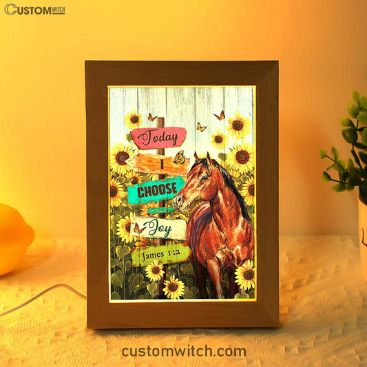 Today I Choose Joy Horse Sunflower Field Monarch Butterfly Frame Lamp Art - Christian Night Light - Bible Verse Wooden Lamp