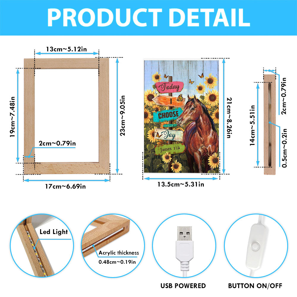 Today I Choose Joy Horse Sunflower Field Monarch Butterfly Frame Lamp Art - Christian Night Light - Bible Verse Wooden Lamp