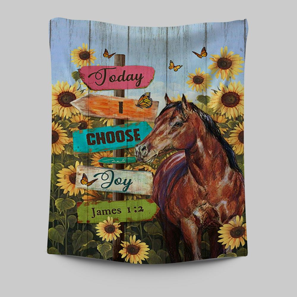 Today I Choose Joy Horse Sunflower Field Monarch Butterfly Tapestry Wall Art - Christian Tapestries Prints - Bible Verse Tapestry Art