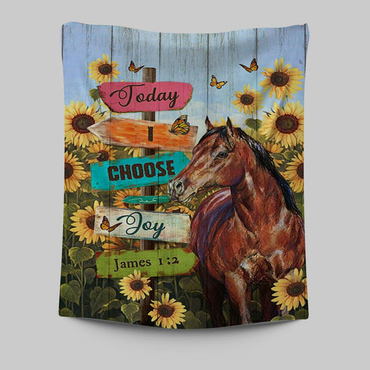 Today I Choose Joy Horse Sunflower Field Monarch Butterfly Tapestry Wall Art - Christian Tapestries Prints - Bible Verse Tapestry Art