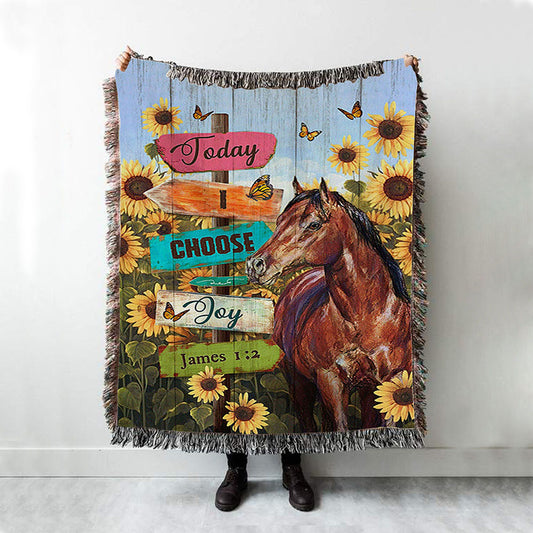 Today I Choose Joy Horse Sunflower Field Monarch Butterfly Woven Throw Blanket - Christian Woven Blanket Prints - Bible Verse Woven Blanket Art