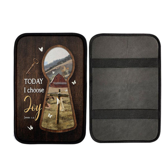 Today I Choose Joy Key Cross Symbol Green Meadow Land Car Center Console Cover, Religious Car Interior Accessories