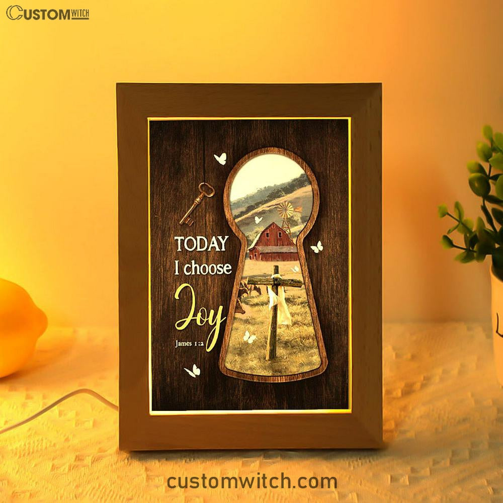 Today I Choose Joy Key Cross Symbol Green Meadow Land Frame Lamp Art - Christian Night Light - Bible Verse Wooden Lamp