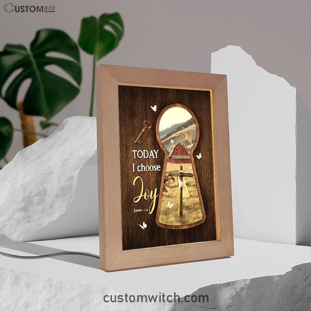 Today I Choose Joy Key Cross Symbol Green Meadow Land Frame Lamp Art - Christian Night Light - Bible Verse Wooden Lamp