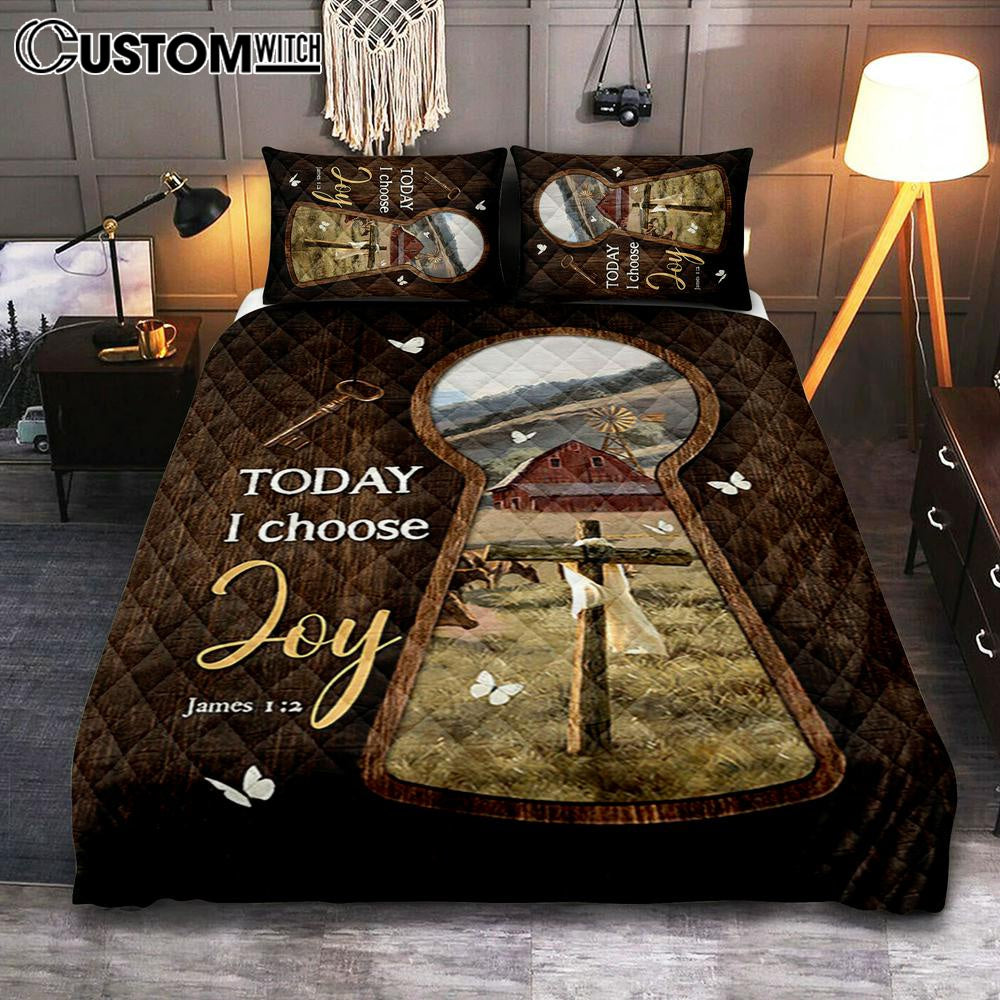 Today I Choose Joy Key Cross Symbol Green Meadow Land Quilt Bedding Set Bedroom - Christian Quilt Bedding Set Prints - Bible Verse Quilt Bedding Set Art