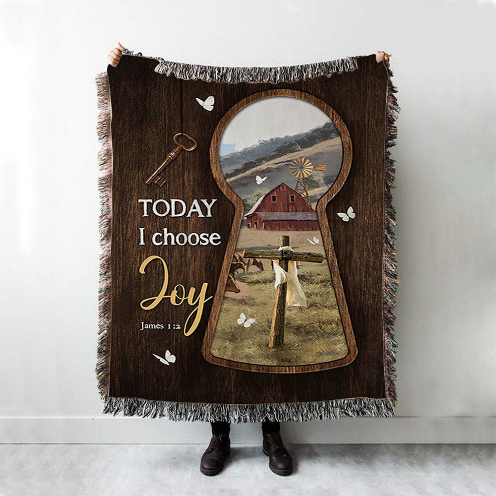 Today I Choose Joy Key Cross Symbol Green Meadow Land Woven Throw Blanket - Christian Woven Blanket Prints - Bible Verse Woven Blanket Art