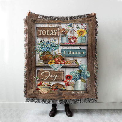 Today I Choose Joy Kitchen Blue Hydrangea Woven Throw Blanket - Bible Verse Woven Blanket Art - Inspirational Art - Christian Home Decor