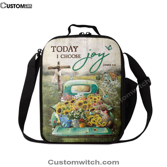 Today I Choose Joy Lunch Bag For Men And Women - Sunflower Car Flower Field Wooden Cross Lunch Bag, Spiritual Christian Lunch Box For School, Work