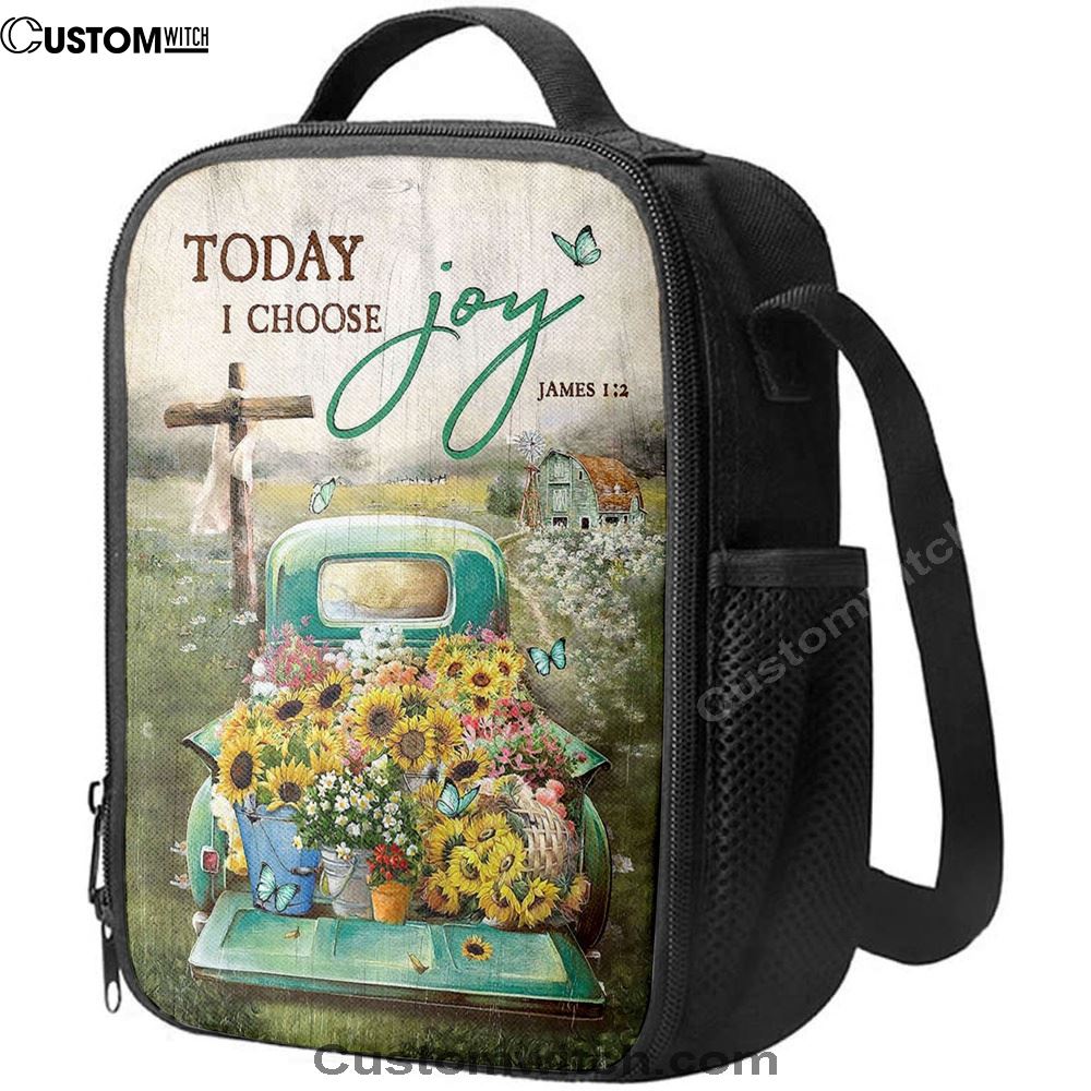 Today I Choose Joy Lunch Bag For Men And Women - Sunflower Car Flower Field Wooden Cross Lunch Bag, Spiritual Christian Lunch Box For School, Work