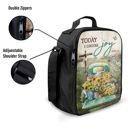 Today I Choose Joy Lunch Bag For Men And Women - Sunflower Car Flower Field Wooden Cross Lunch Bag, Spiritual Christian Lunch Box For School, Work