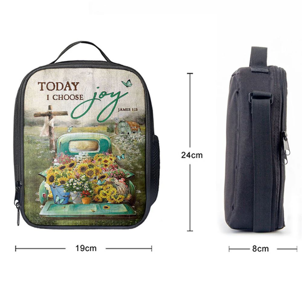 Today I Choose Joy Lunch Bag For Men And Women - Sunflower Car Flower Field Wooden Cross Lunch Bag, Spiritual Christian Lunch Box For School, Work
