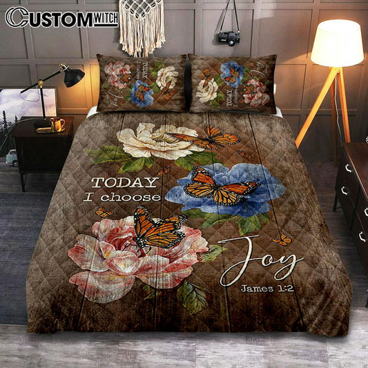 Today I Choose Joy Monarch Butterfly Camellia Quilt Bedding Set - Christian Bedroom - Religious Home Decor