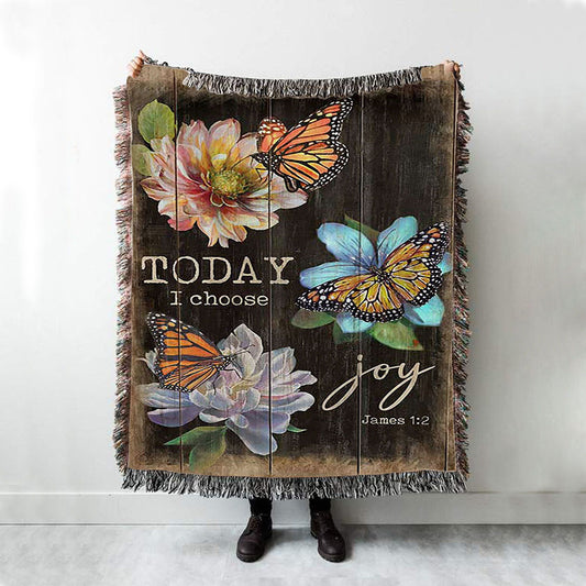 Today I Choose Joy Orange Butterfly Woven Blanket Print - Inspirational Woven Blanket Art - Christian Throw Blanket Home Decor