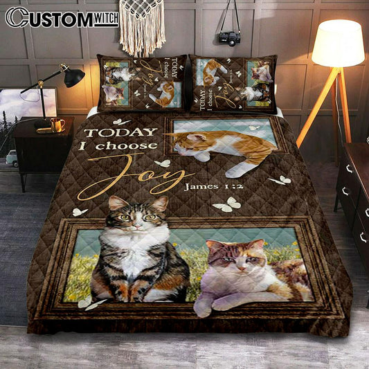 Today I Choose Joy Pretty Cat Yellow Daisy Field Quilt Bedding Set Print - Inspirational Quilt Bedding Set Art - Christian Bedroom Home Decor