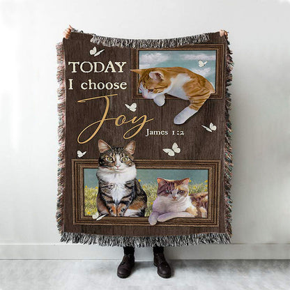 Today I Choose Joy Pretty Cat Yellow Daisy Field Woven Blanket Print - Inspirational Woven Blanket Art - Christian Throw Blanket Home Decor