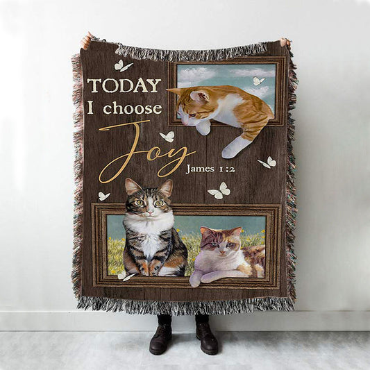 Today I Choose Joy Pretty Cat Yellow Daisy Field Woven Blanket Print - Inspirational Woven Blanket Art - Christian Throw Blanket Home Decor