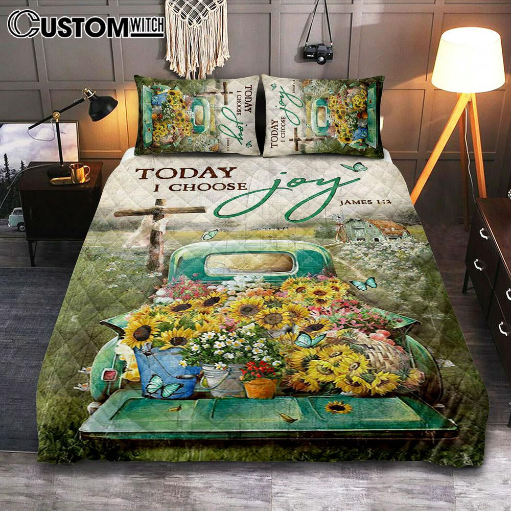 Today I Choose Joy Quilt Bedding Set - Sunflower Car Flower Field Wooden Cross Quilt Bedding Set Art - Christian Art - Bible Verse Bedroom - Religious Home Decor