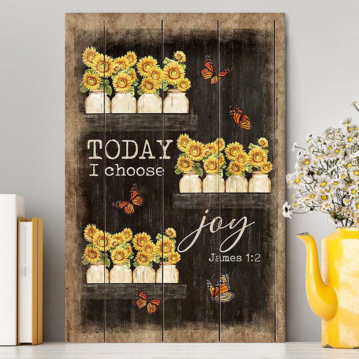 Today I Choose Joy Sunflower Orange Butterfly Canvas Wall Art - Bible Verse Canvas Art - Inspirational Art - Christian Home Decor