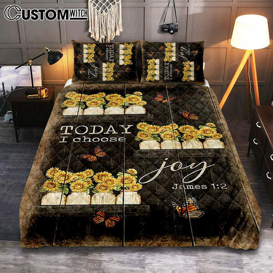 Today I Choose Joy Sunflower Orange Butterfly Quilt Bedding Set Bedroom - Bible Verse Quilt Bedding Set Art - Christian Home Decor