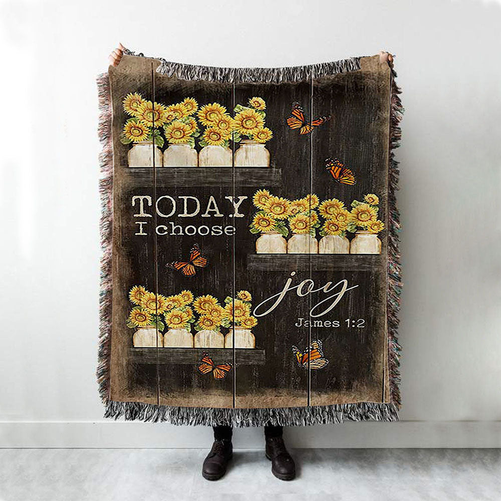 Today I Choose Joy Sunflower Orange Butterfly Woven Throw Blanket - Bible Verse Woven Blanket Art - Inspirational Art - Christian Home Decor