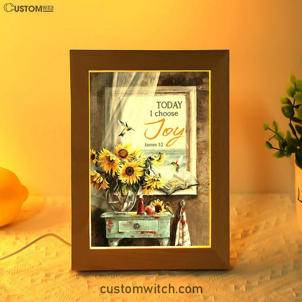 Today I Choose Joy Sunflower Vase Hummingbird Frame Lamp Art - Christian Night Light - Bible Verse Wooden Lamp
