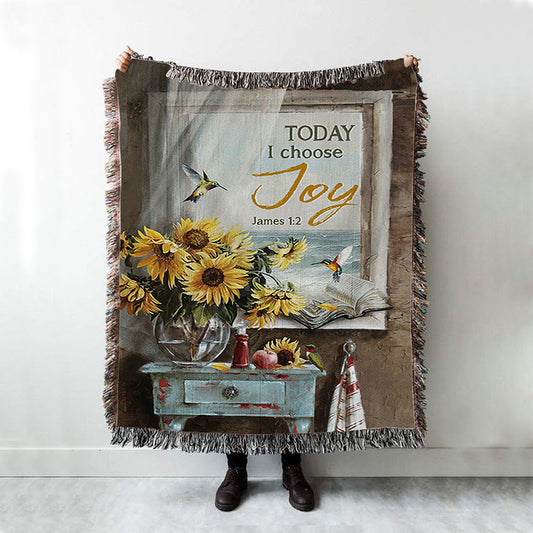 Today I Choose Joy Sunflower Vase Hummingbird Woven Throw Blanket - Christian Woven Blanket Prints - Bible Verse Woven Blanket Art