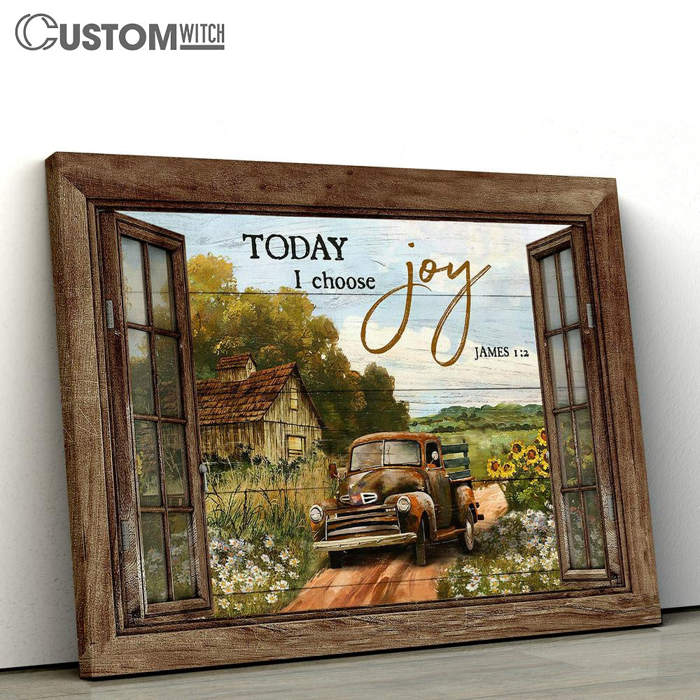 Today I Choose Joy Truck Flower Field Canvas Art - Bible Verse Wall Art - Wall Decor Christian