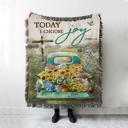 Today I Choose Joy Woven Blanket - Sunflower Car Flower Field Wooden Cross Woven Blanket Art - Christian Art - Bible Verse Throw Blanket - Religious Home Decor