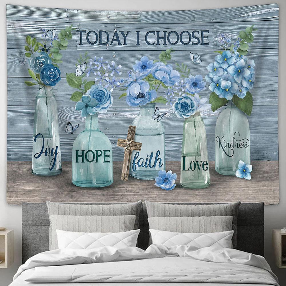 Today I choose joy Blue flower garden Cross Tapestry Wall Art - Bible Verse Tapestry - Religious Tapestry Wall Hanging